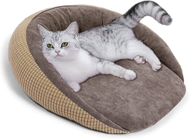 茶色い丸形のネコ用ベッドに横たわり、一点を見つめている白×グレーのネコ